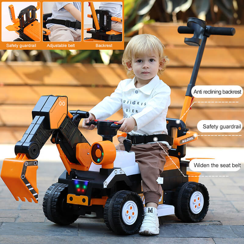 6V Electric Excavator Ride On Toy Adjustable Guardrail and Seatbelt Excavator with Music Light