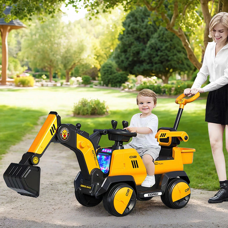 6V Electric Excavator Toddler Ride-On Toy Safe Belt Car Battery Powered with Parent Push Handle