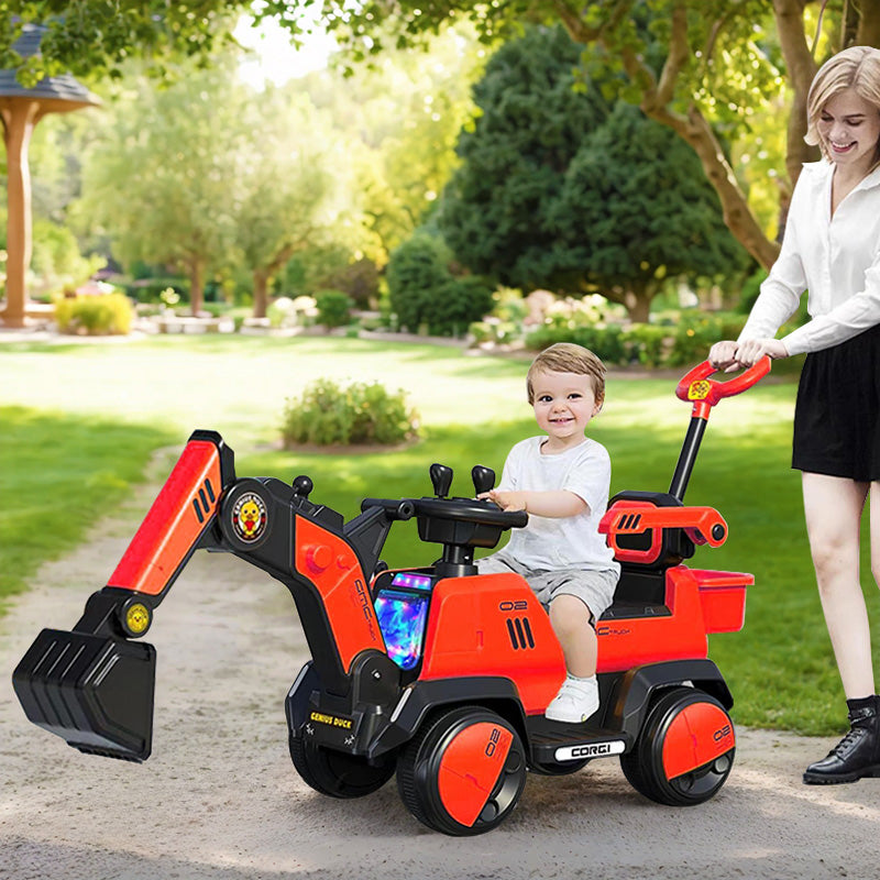 6V Electric Excavator Toddler Ride-On Toy Safe Belt Car Battery Powered with Parent Push Handle