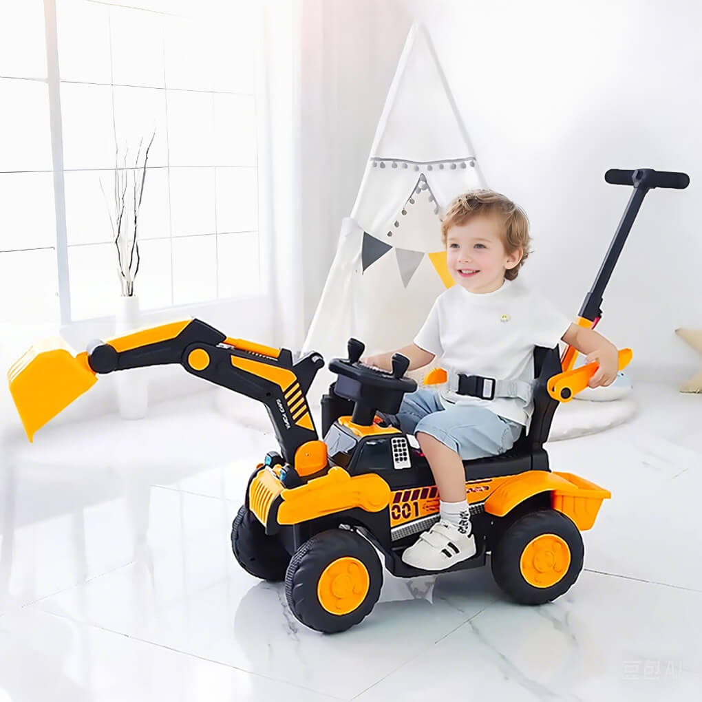 Toddler 3-in-1 Electric Excavator 6V Ride-on Stroller wIth Safe Belt Battery Power Excavator