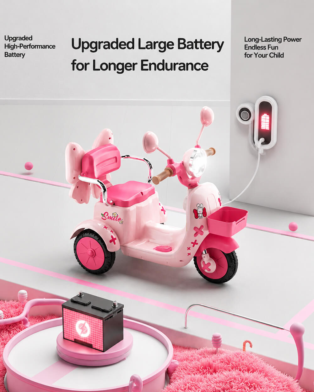 6V Electric Motorcycle 2WD Ride-On Car with Detachable Glowing Bow and LED Lights For Kids 2-8 Years
