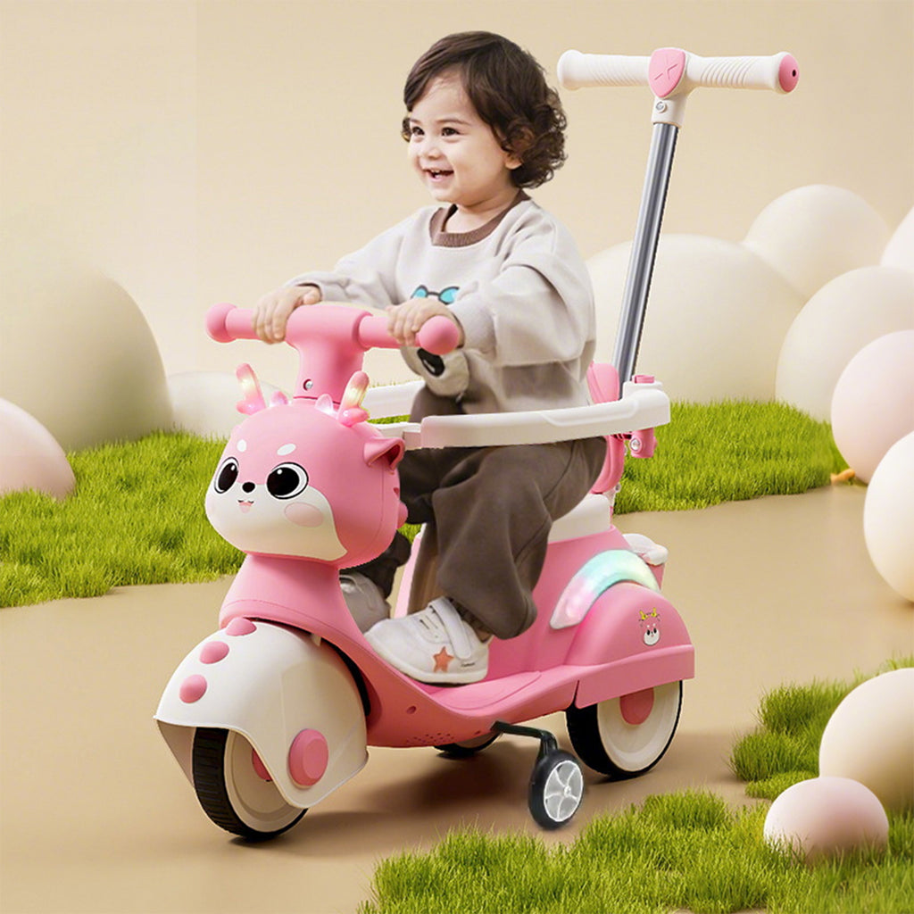 4-IN-1 Electric Push Car Toddler 6V Cartoon Ride-on Toy with Training Wheels and Detachable Handle