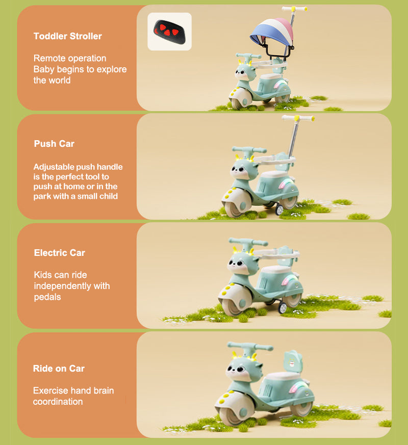 4-IN-1 Electric Push Car Toddler 6V Cartoon Ride-on Toy with Training Wheels and Detachable Handle