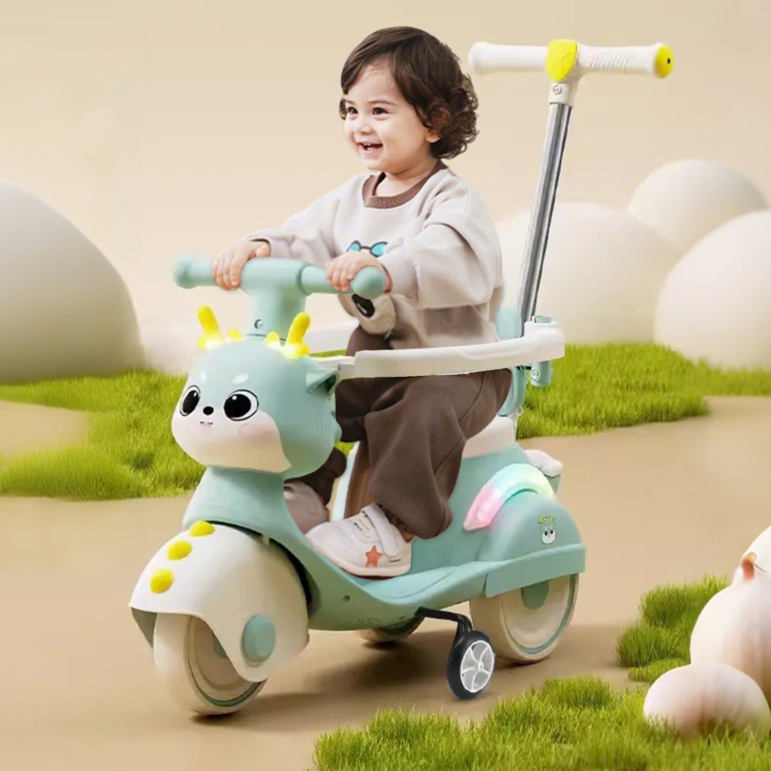 4-IN-1 Electric Push Car Toddler 6V Cartoon Ride-on Toy with Training Wheels and Detachable Handle