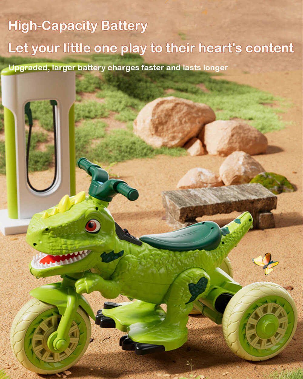 6V Electric Motorcycle Dual Drive Dinosaur Ride on Car with Lights and Music for Kids Ages 2-8