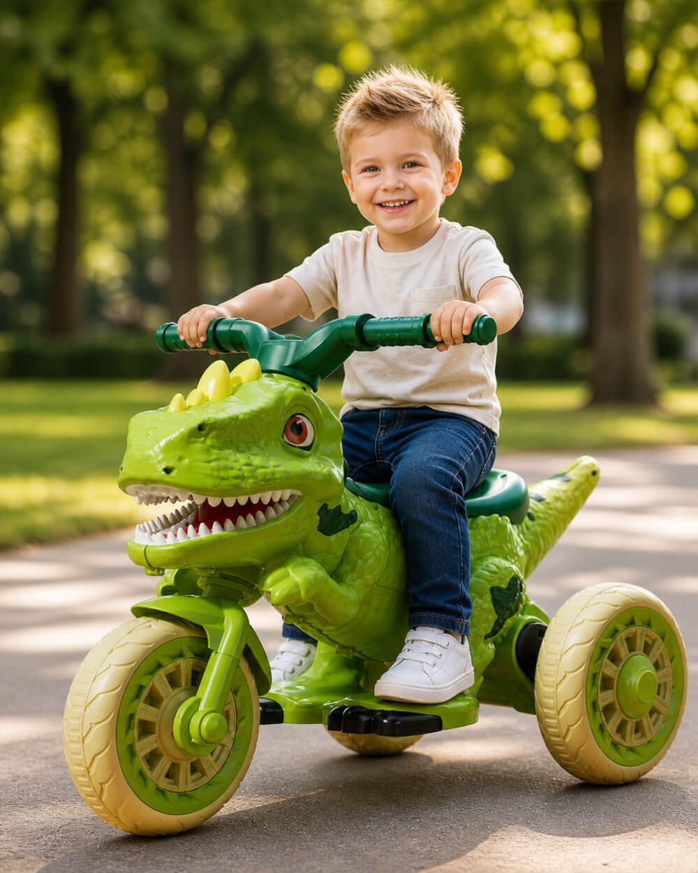 6V Electric Motorcycle Dual Drive Dinosaur Ride on Car with Lights and Music for Kids Ages 2-8