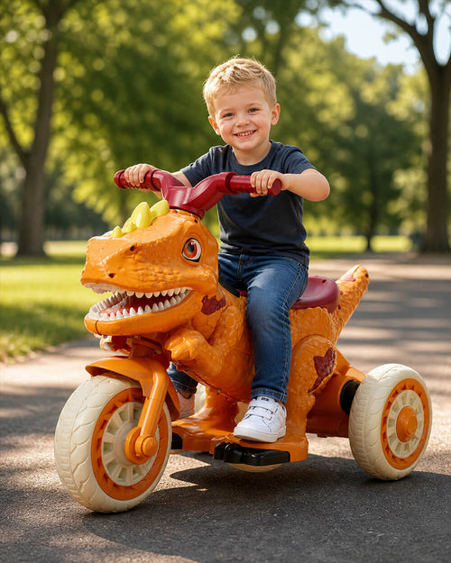 6V Electric Motorcycle Dual Drive Dinosaur Ride on Car with Lights and Music for Kids Ages 2-8