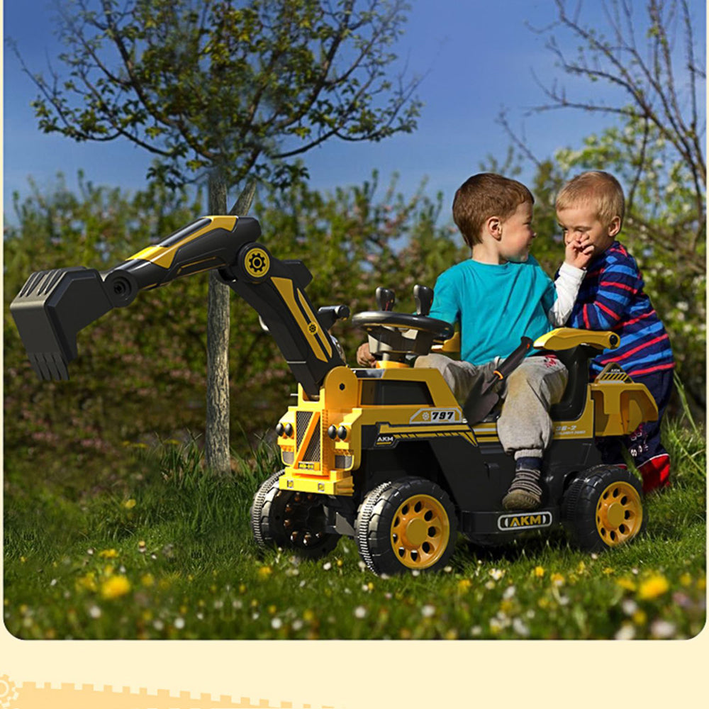 3-In-1 Toddler 6V Ride-On Push Car Kids 4WD Rechargeable Excavator with Fully Electric Digging Arm