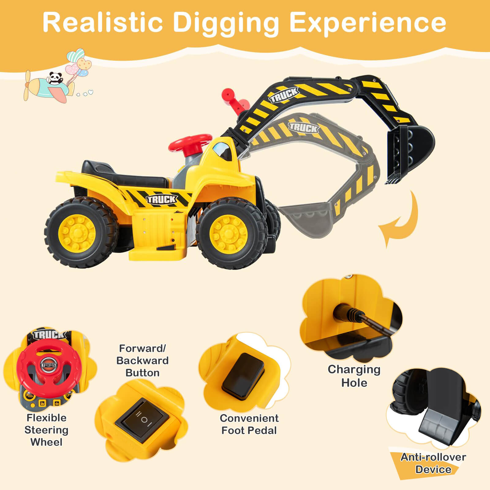 6V Electric Ride-on Excavator Kids Digger Toys With Simulation Sound