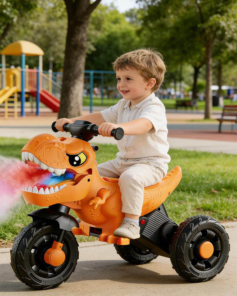 6V Kids Dinosaur Motorcycle Spray Ride on Motorcycle 3-Wheel Stable Car with Bluetooth Music