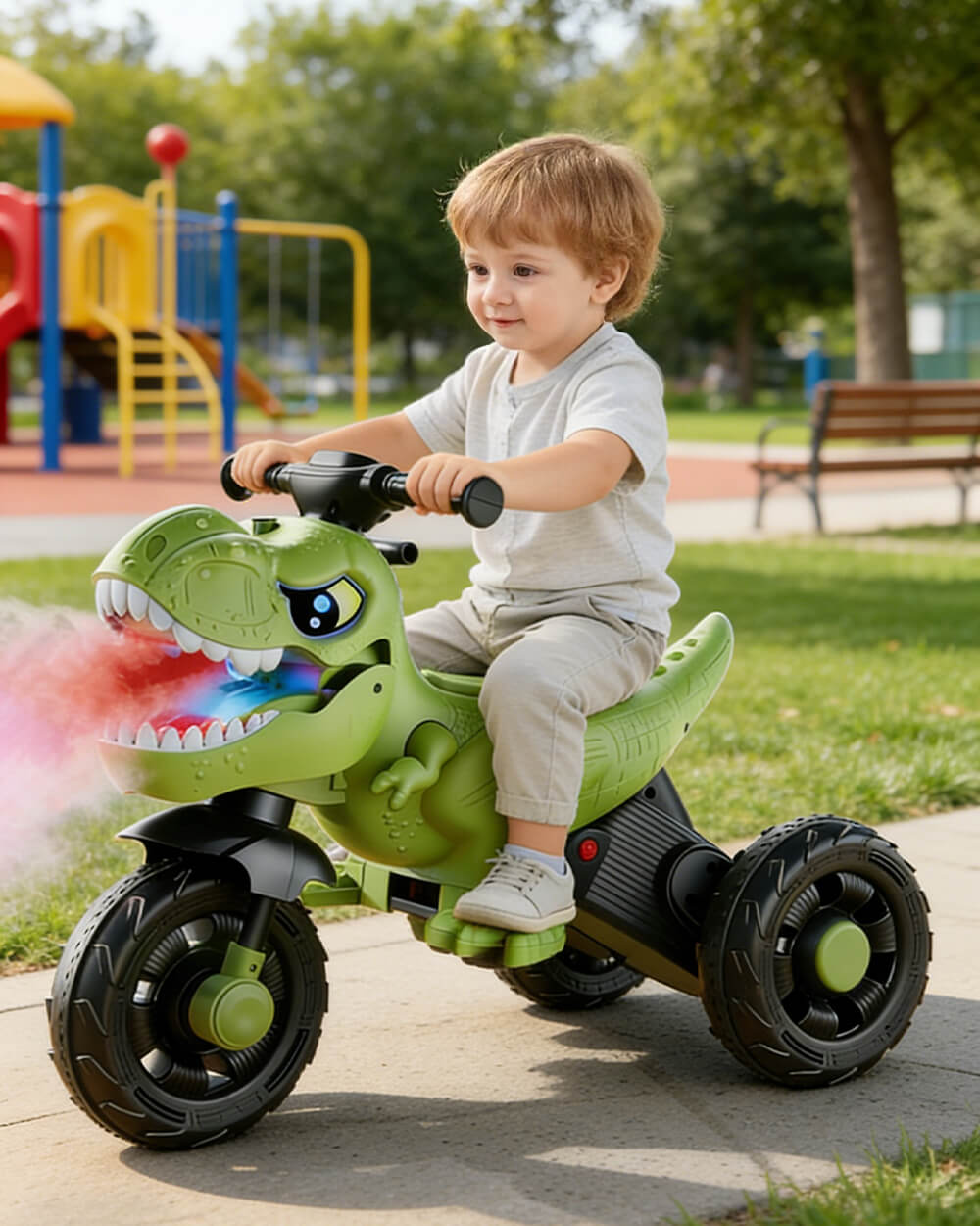 6V Kids Dinosaur Motorcycle Spray Ride on Motorcycle 3-Wheel Stable Car with Bluetooth Music