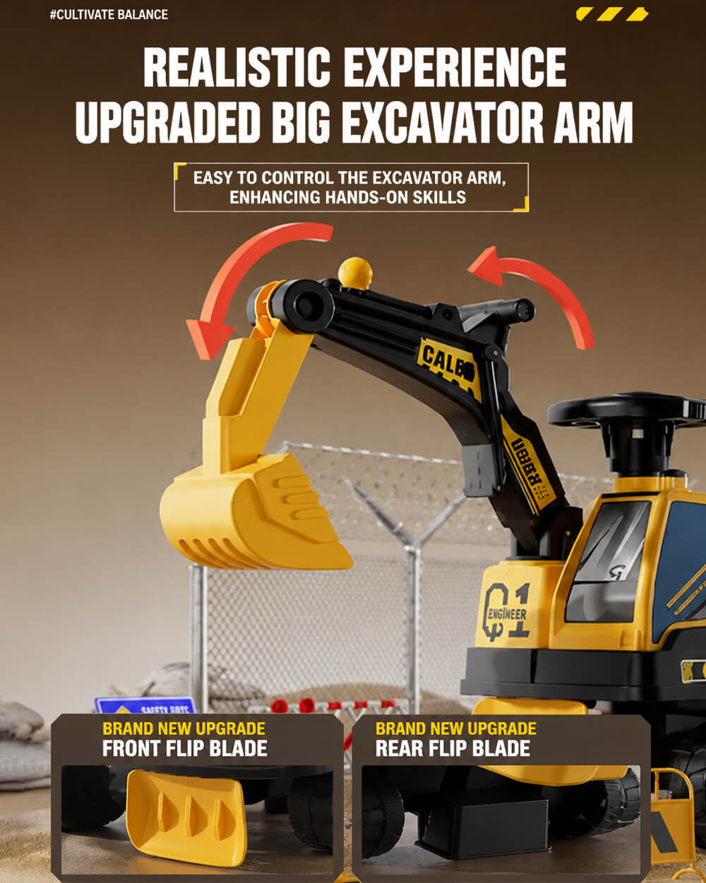6V Kids Electric Excavator Battery Powered Ride On Excavator with Movable Digging Arm and Wide Seat