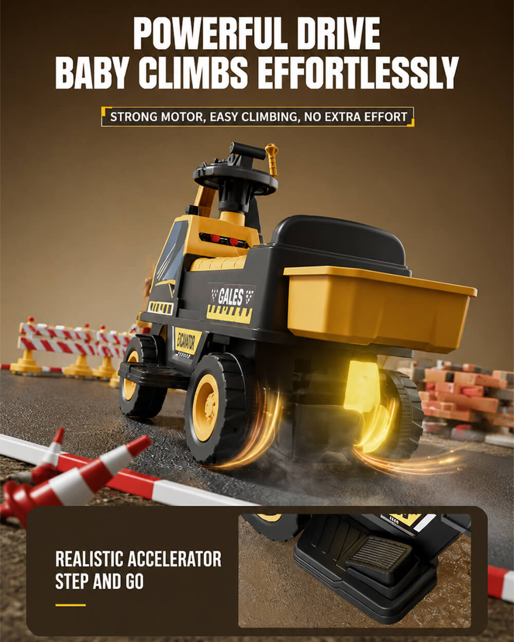 6V Kids Electric Excavator Battery Powered Ride On Excavator with Movable Digging Arm and Wide Seat