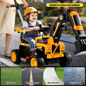 Kids Electric Ride-On Excavator w/ Push Bar Extended Wide Safe Seat With Front Power Arm & Light Music