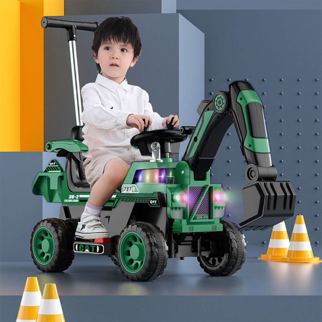 6V Kids Electric Excavator Ride-On Car Extended Wide Safe Seat With Front Power Arm & Light Music