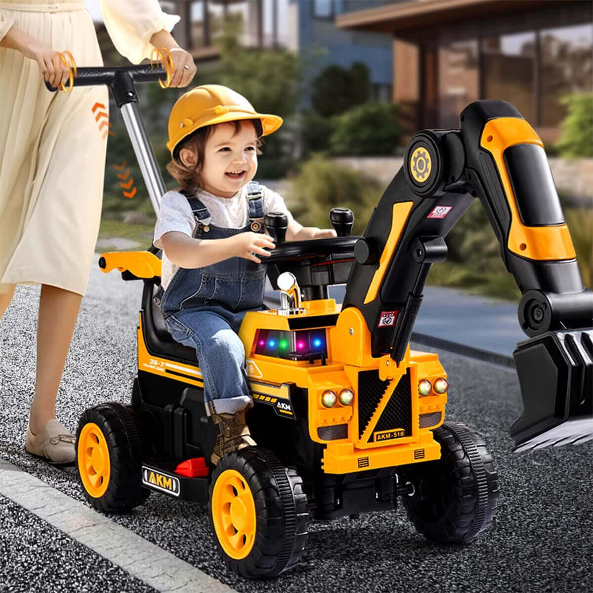 3-In-1 Toddler 6V Ride-On Push Car Kids 4WD Rechargeable Excavator with Fully Electric Digging Arm