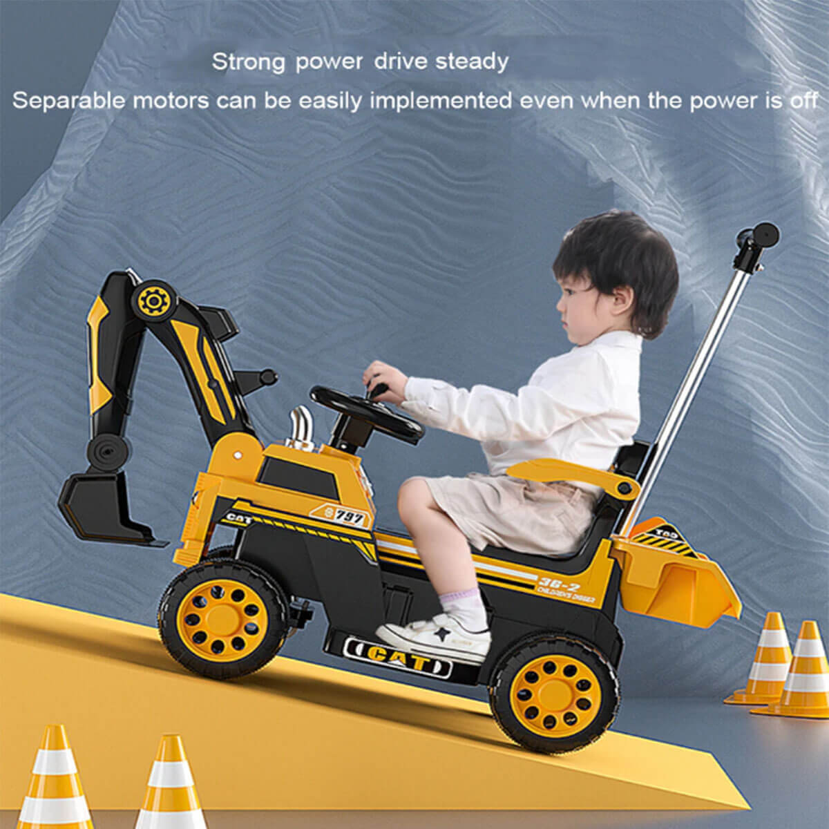 Kids Electric Ride-On Excavator w/ Push Bar Extended Wide Safe Seat With Front Power Arm & Light Music