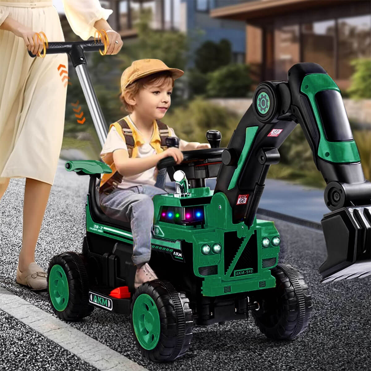 3-In-1 Toddler 6V Ride-On Push Car Kids 4WD Rechargeable Excavator with Fully Electric Digging Arm