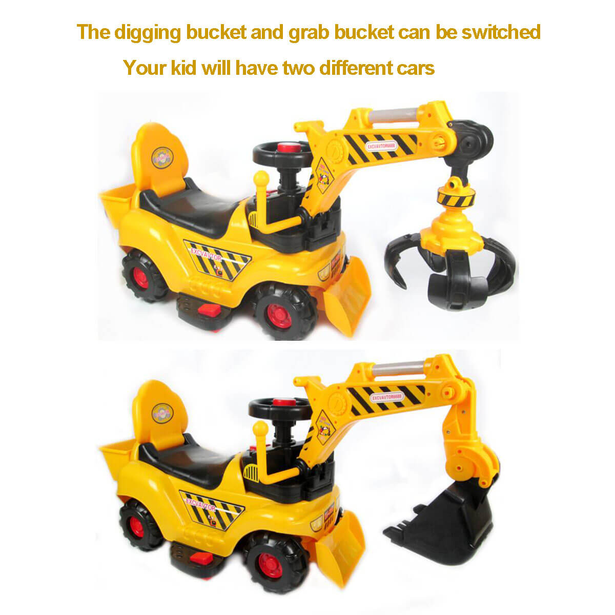 6V Kids Electric Excavator With Digging & Grabbing Outdoor Indoor Ride On Toy With Helmet & Music