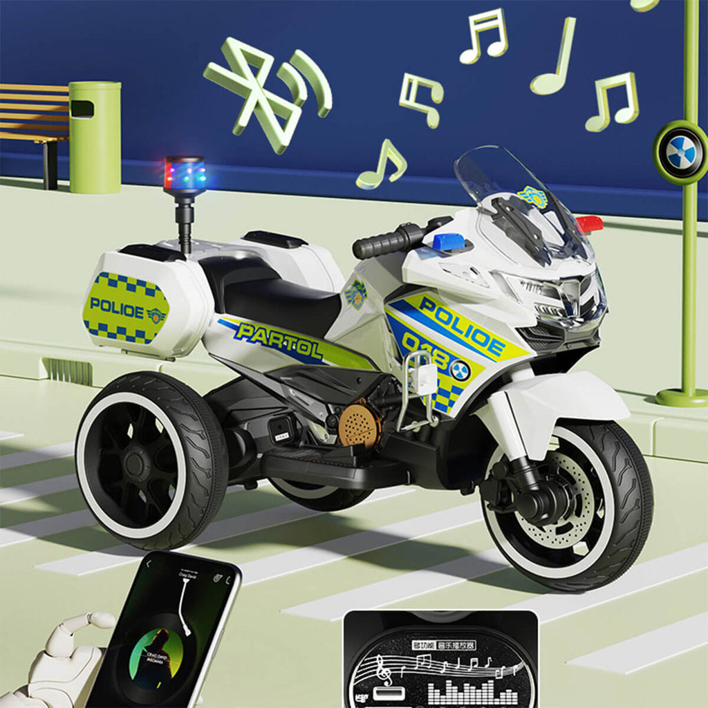 Kids Electric Motorcycle 3 Wheels Police Car Dual Drive With Double Storage Boxes For Boys & Girls