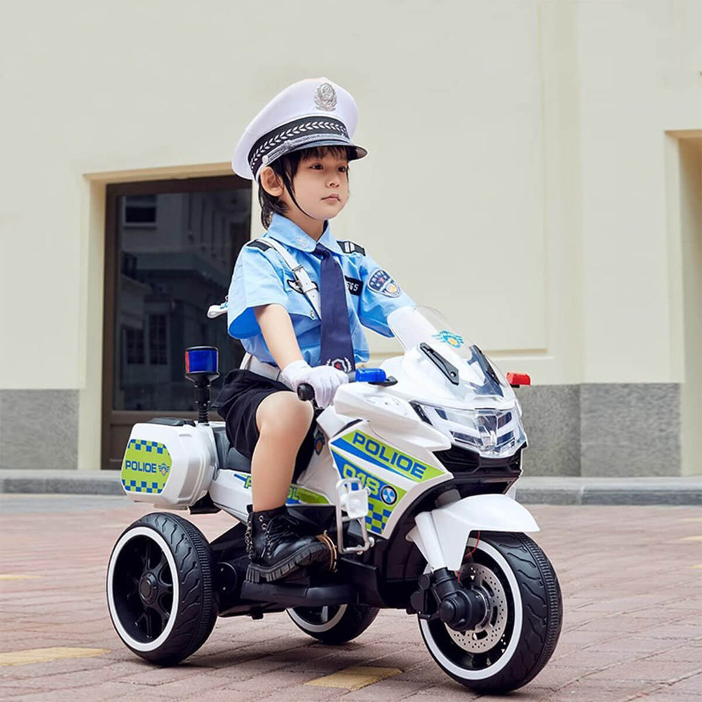 Kids Electric Motorcycle 3 Wheels Police Car Dual Drive With Double Storage Boxes For Boys & Girls