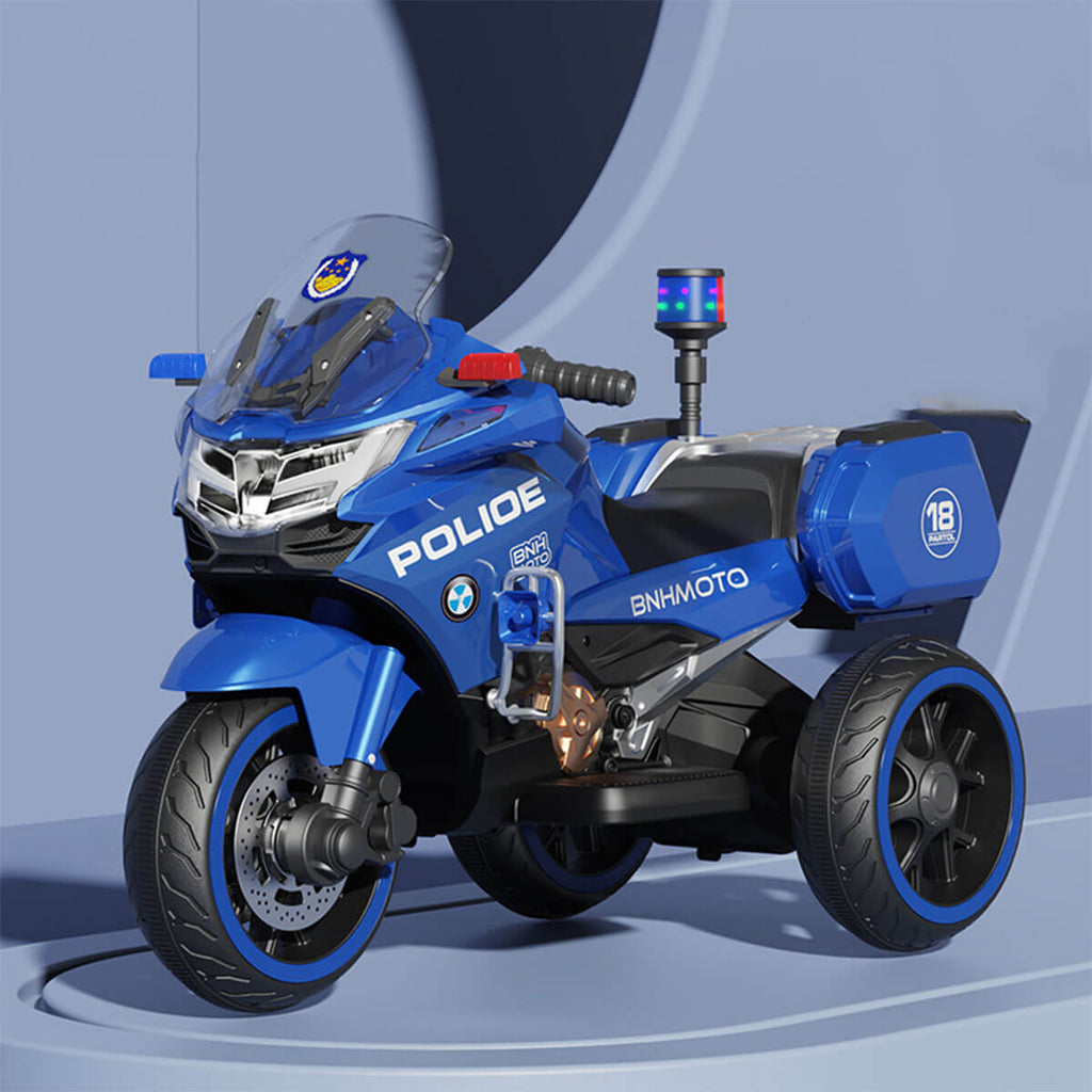 Kids Electric Motorcycle 3 Wheels Police Car Dual Drive With Double Storage Boxes For Boys & Girls