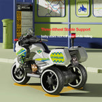 Kids Electric Motorcycle 3 Wheels Police Car Dual Drive With Double Storage Boxes For Boys & Girls