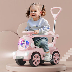 6V Kids Electric Ride On Car Adjustable Push Bar 3-IN-1 Push Car with Lights & Music