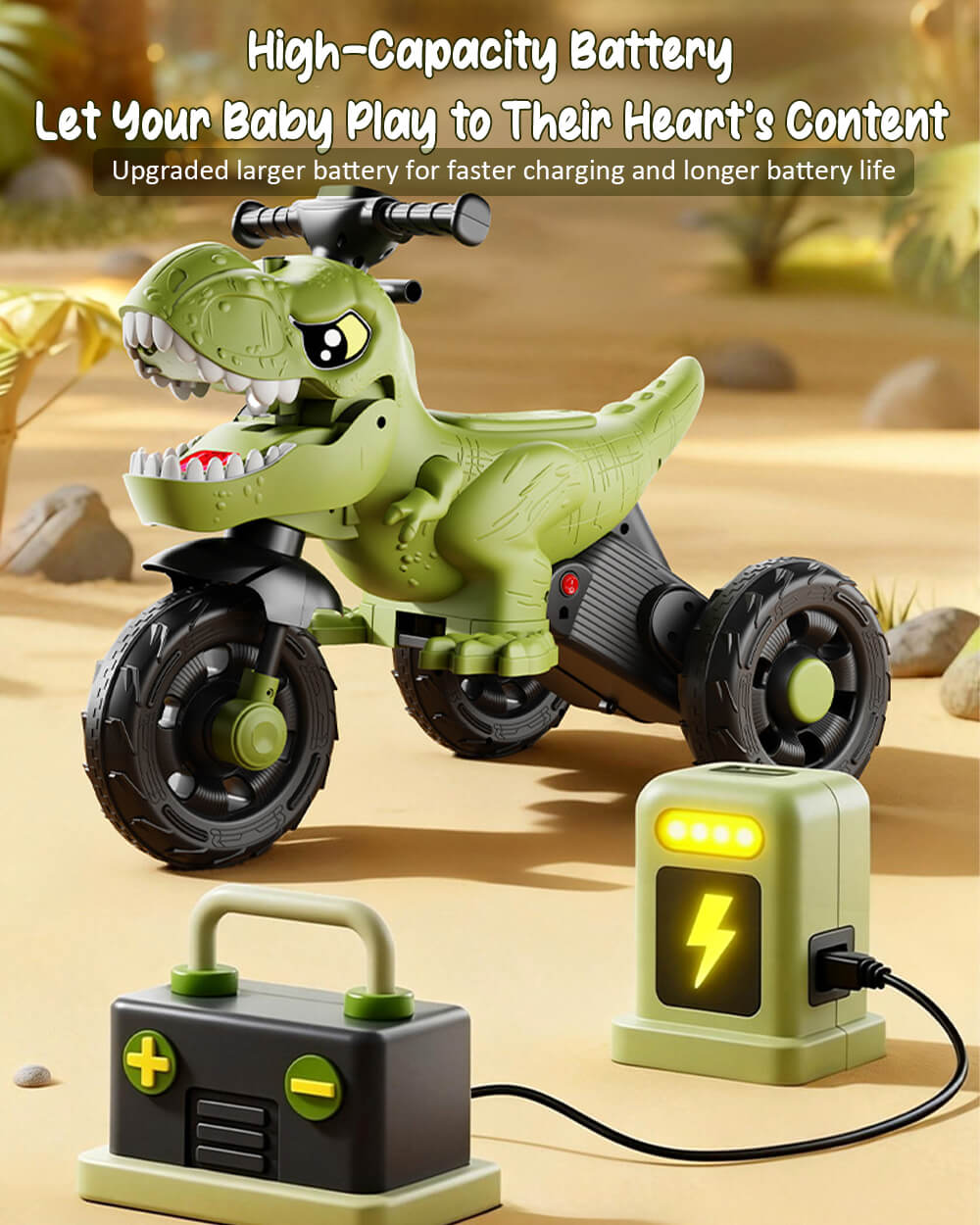 6V Kids Dinosaur Motorcycle Spray Ride on Motorcycle 3-Wheel Stable Car with Bluetooth Music