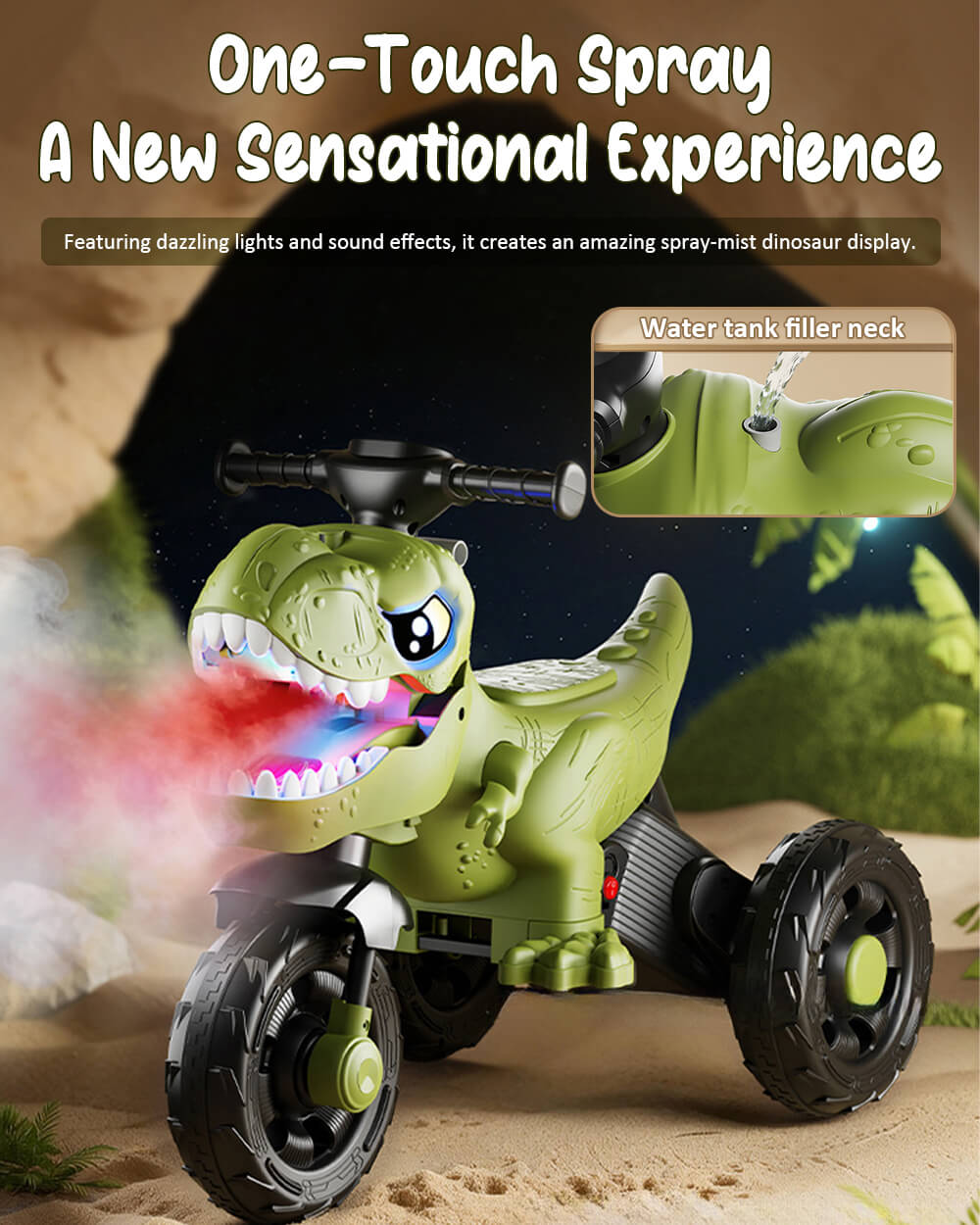 6V Kids Dinosaur Motorcycle Spray Ride on Motorcycle 3-Wheel Stable Car with Bluetooth Music