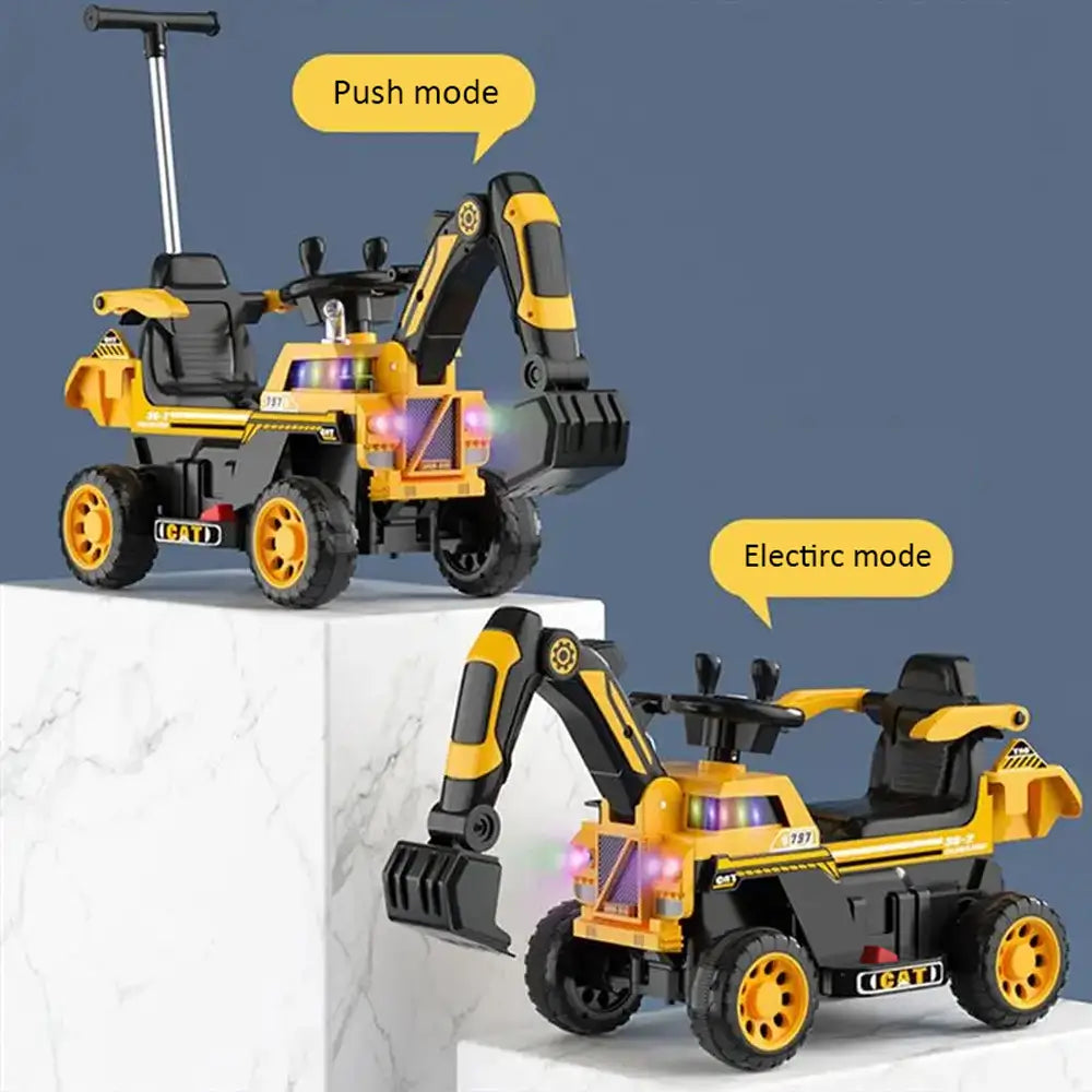 3-In-1 Toddler 6V Ride-On Push Car Kids 4WD Rechargeable Excavator with Fully Electric Digging Arm