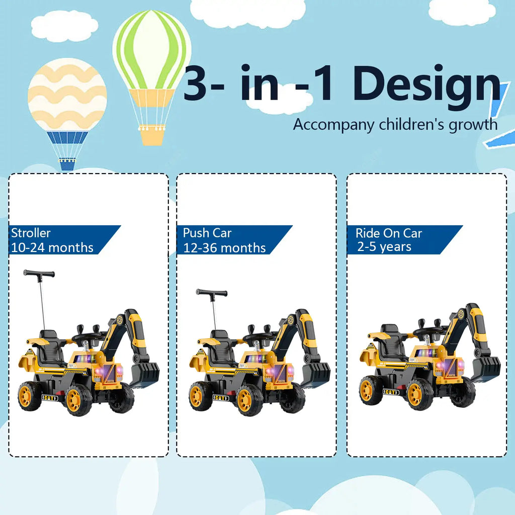 Kids Electric Ride-On Excavator w/ Push Bar Extended Wide Safe Seat With Front Power Arm & Light Music