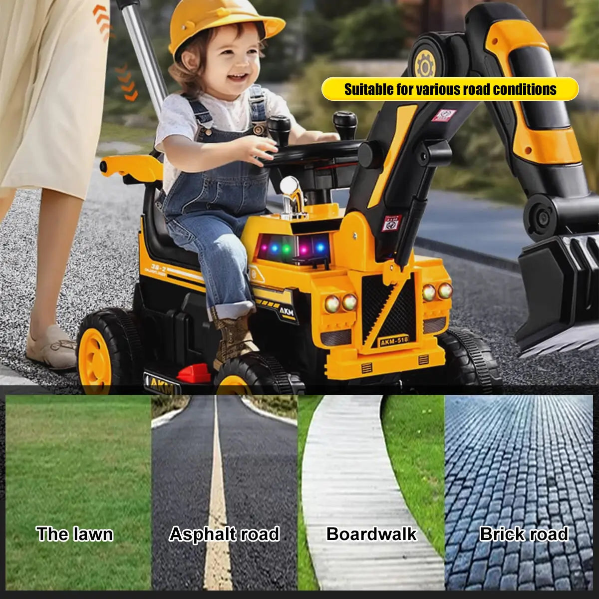3-In-1 Toddler 6V Ride-On Push Car Kids 4WD Rechargeable Excavator with Fully Electric Digging Arm