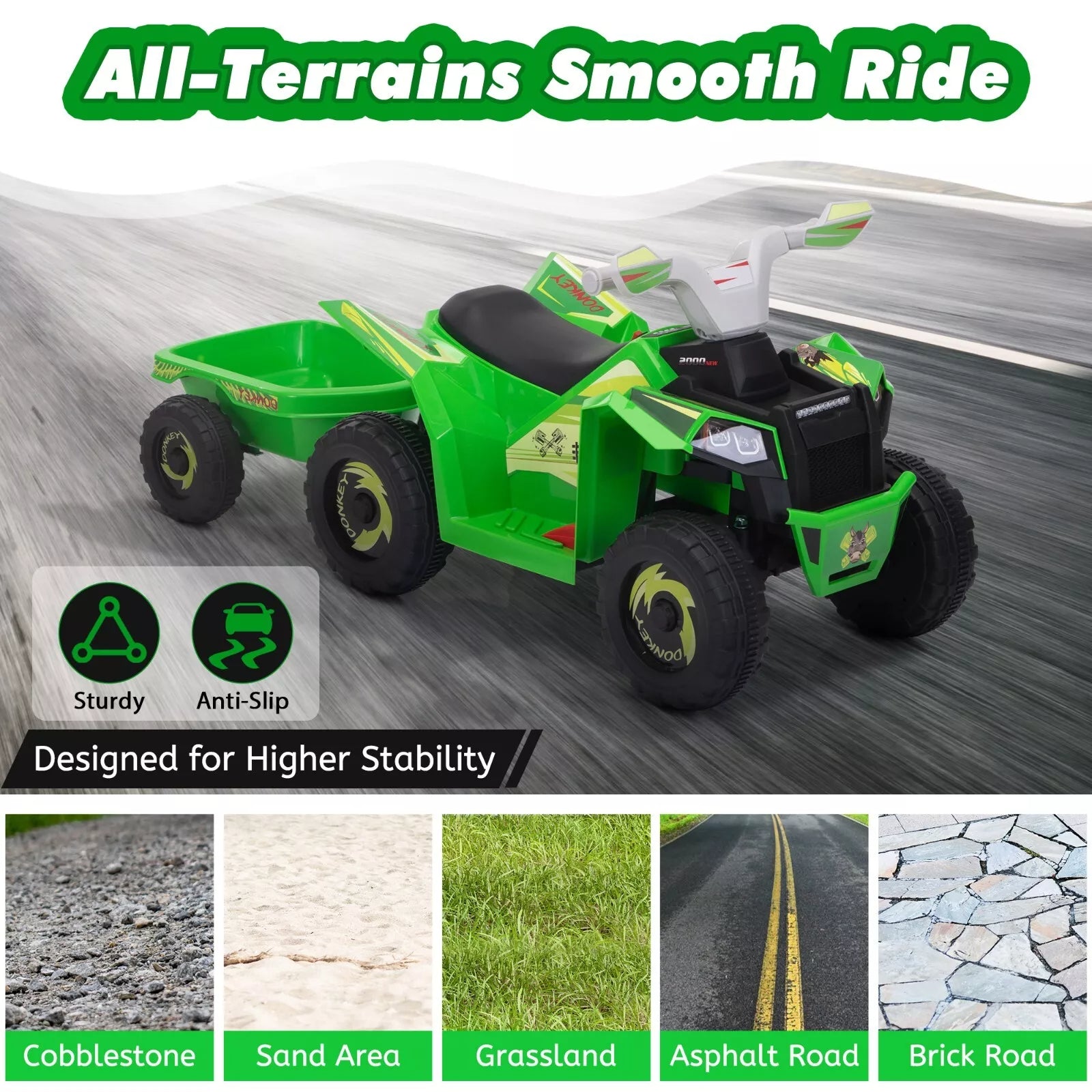 6V Kids Ride-On ATV with Detachable Trailer – Electric Quad for Ages 3-6, Bluetooth, Music, & Safe Design