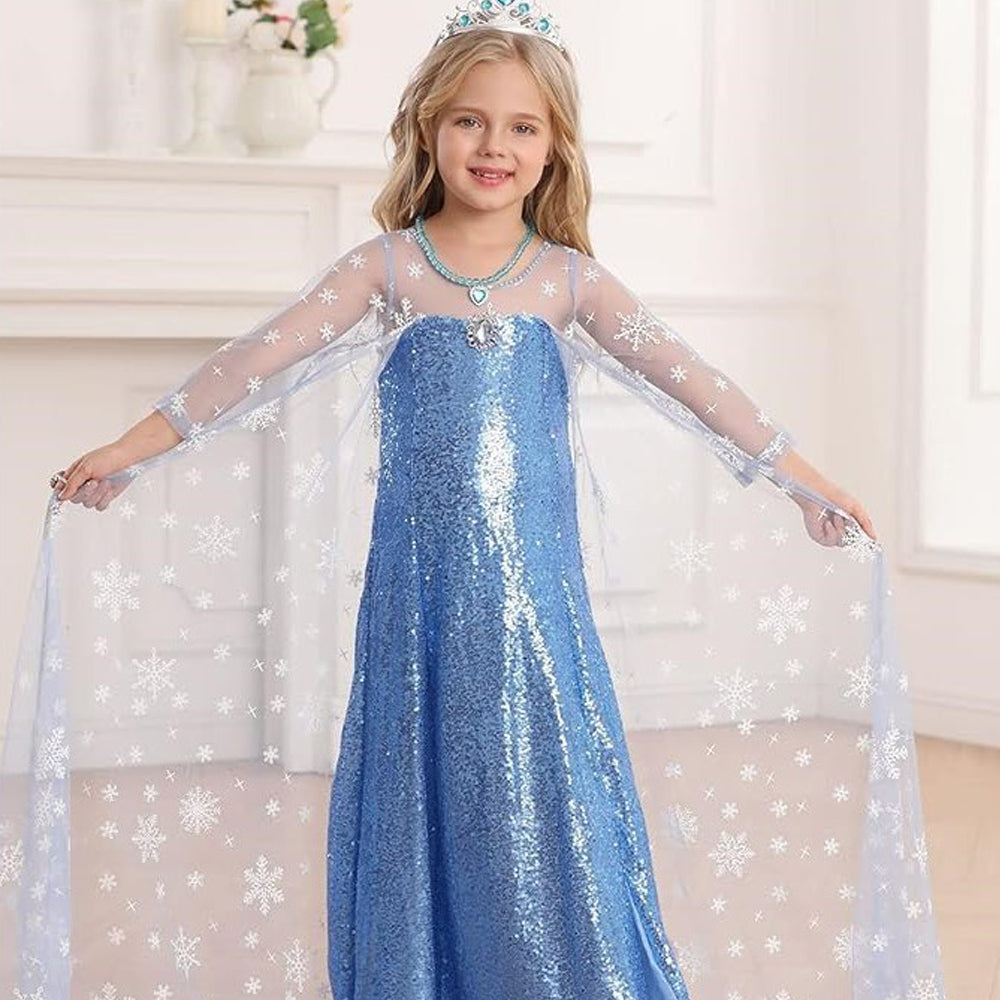 Little Girls Elsa Princess Dress Snow Queen Halloween Costume with Cape Crown Scepter and Wig 3-10 Years