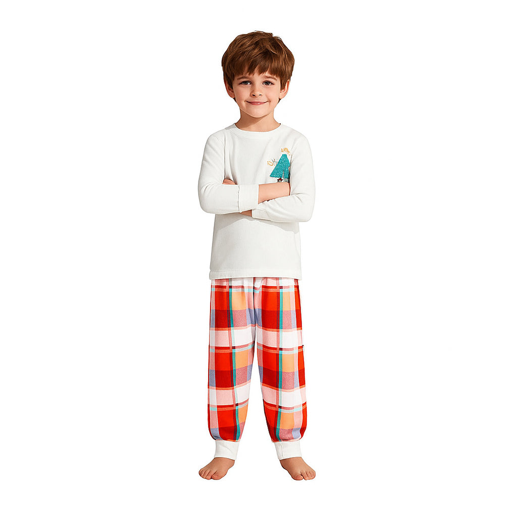 Boys Christmas Pajamas White Long Sleeve Top with Plaid Pants for Sleepwear