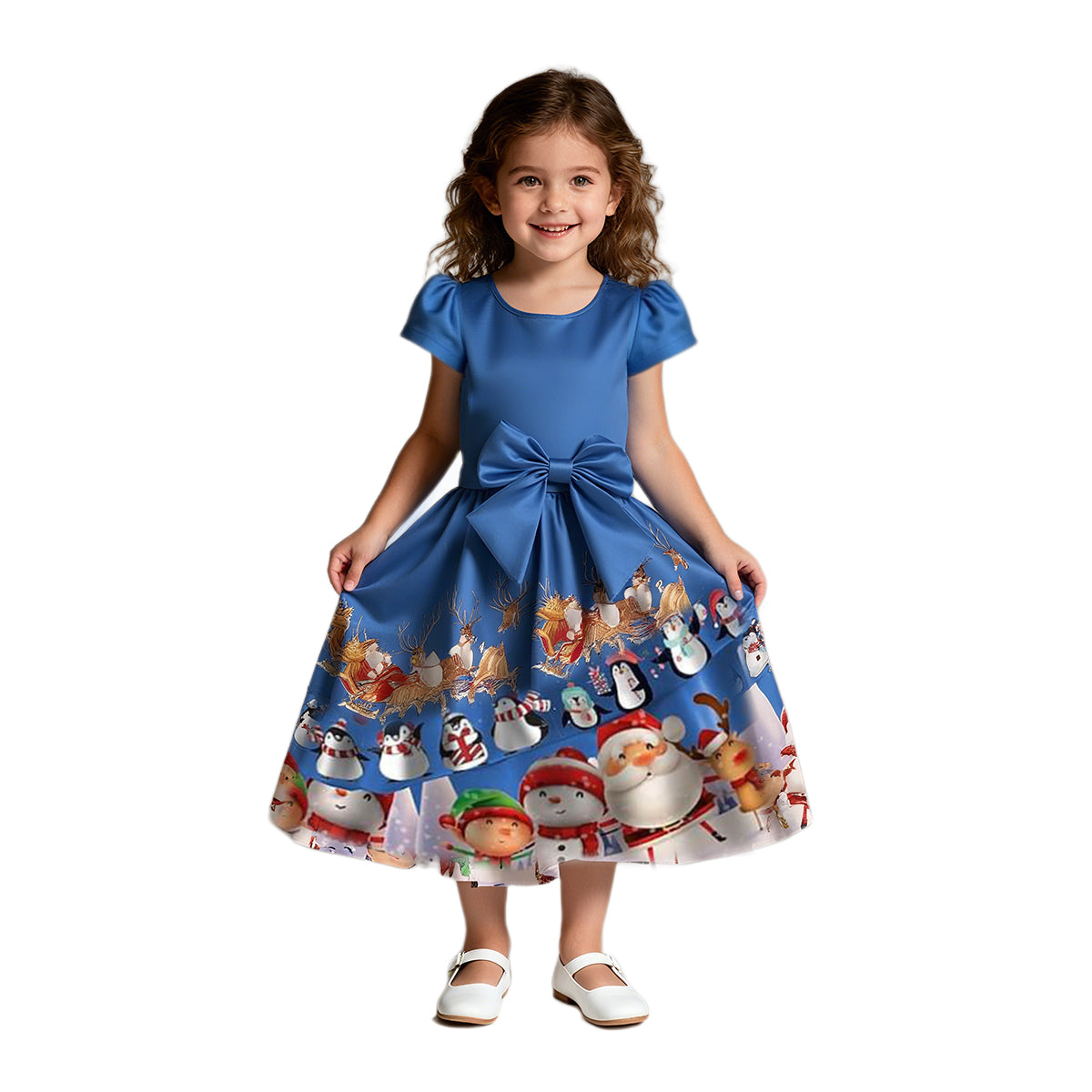Christmas Party Dress Toddler Kids Short Sleeve Dress Santa Claus Elk Snowman Christmas Dress