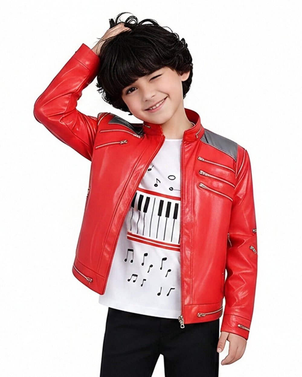 Kids Adults King of Pop Stage Performance Outfit Red 80s Shiny PU Leather Jacket and Pants Set for Fans Cosplay Events