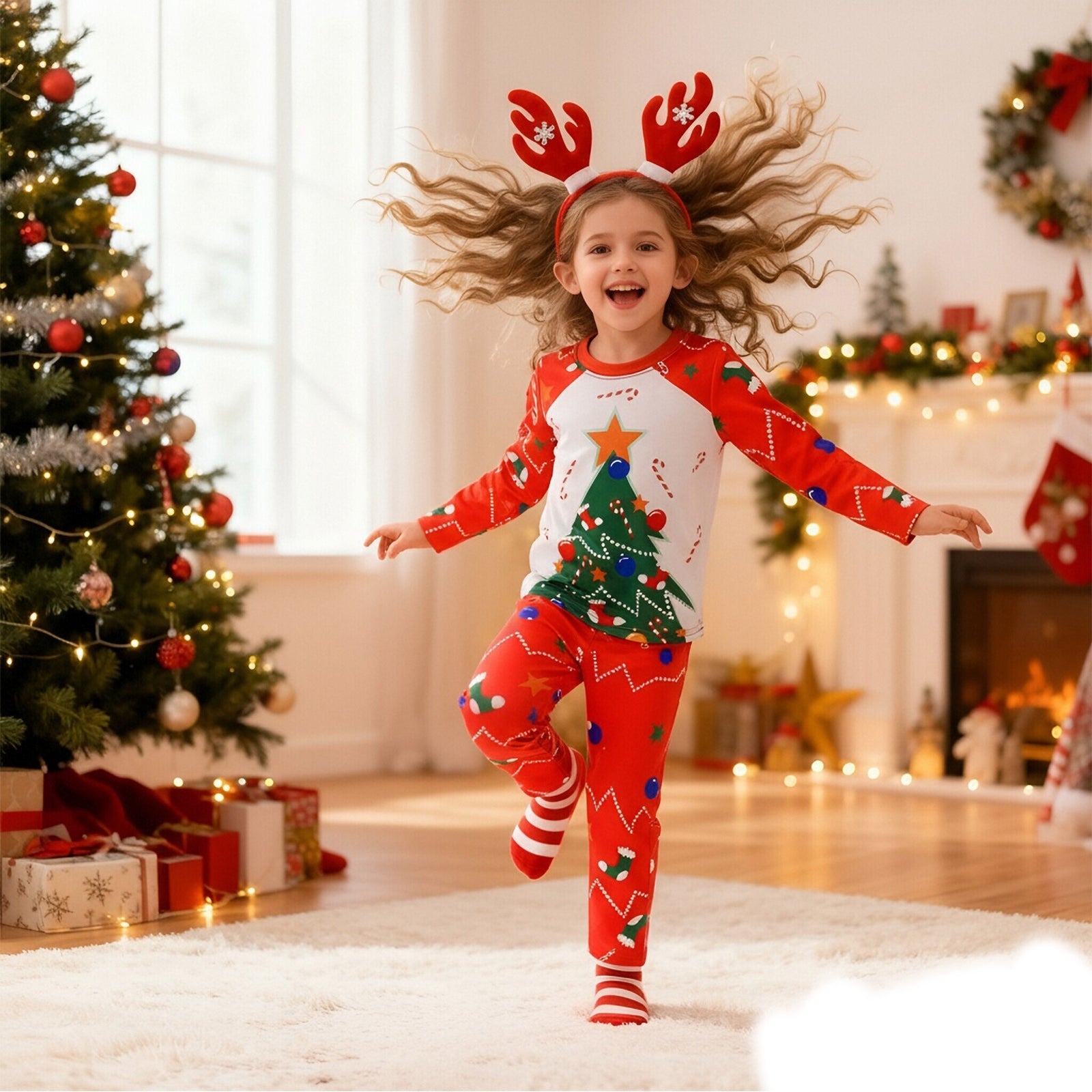 Kids Christmas Pajamas with Socks and Headband Xmas Holiday Outfit for Boys Girls