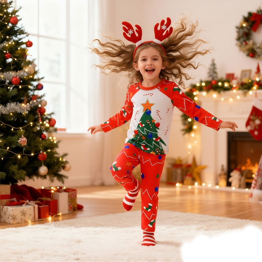 Kids Christmas Pajamas with Socks and Headband Xmas Holiday Outfit for Boys Girls