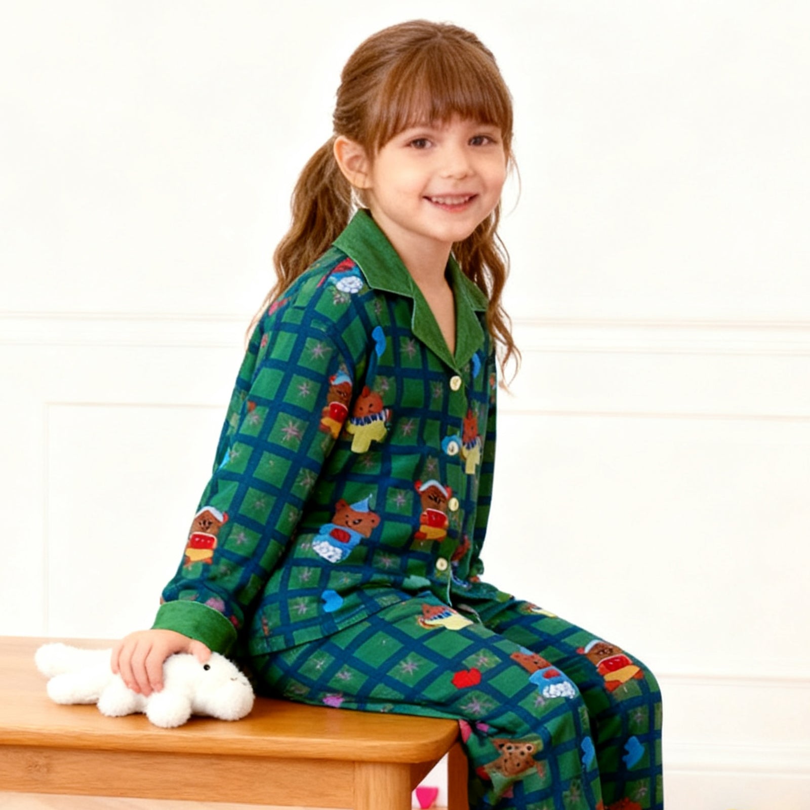 Kids Christmas Pajamas Unisex Green Long Sleeve Button Down Loungewear Plaid Xmas Jammies