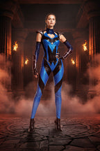 Women Kitana Costume Blue Princess Fighter Uniform with Shoulder Armors Sleeves for Comic Con Exhibition