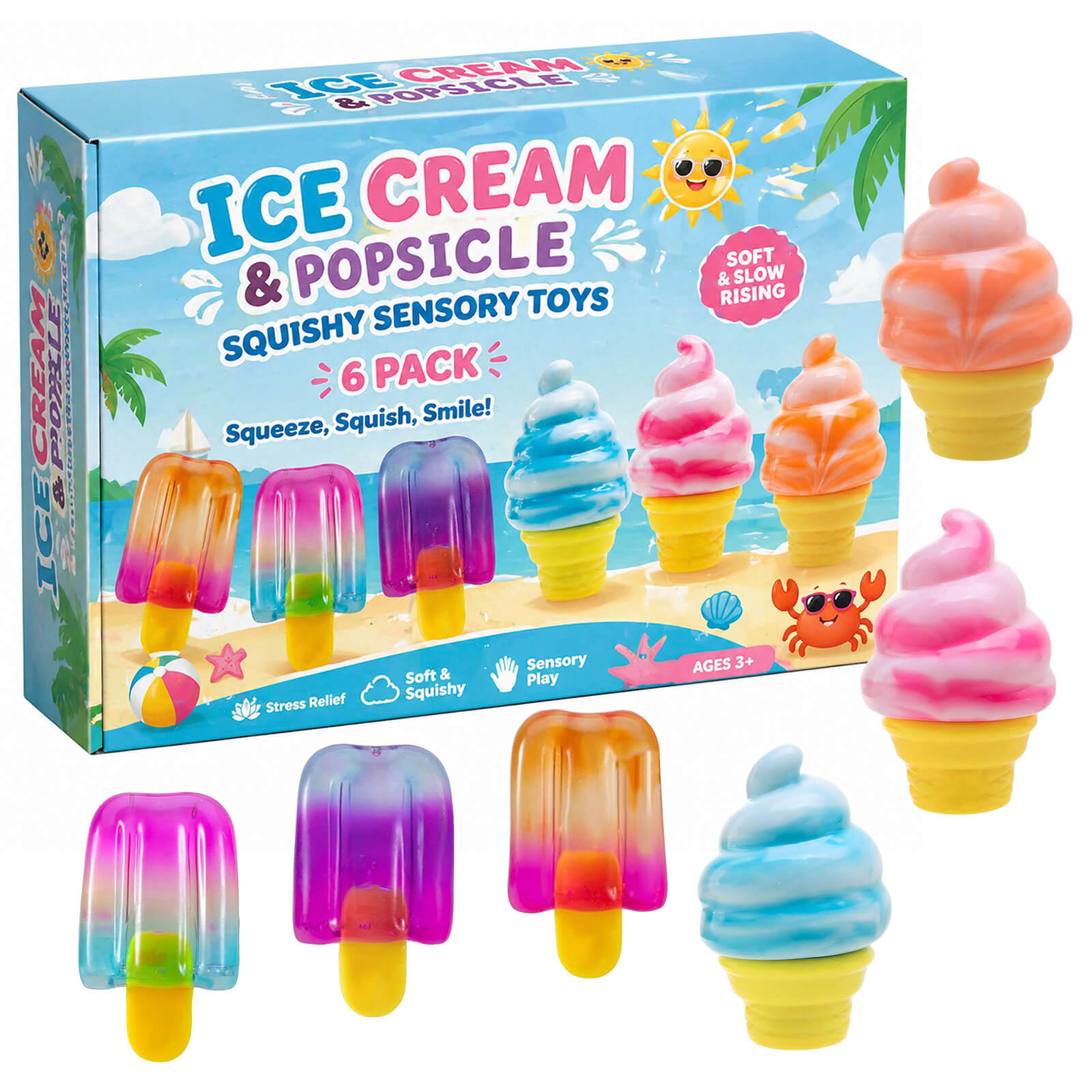 6pcs Squishy Sensory Ice Cream and Popsicle Toys Slow Rising Stress Relief Toys for Kids 3+ and Adult