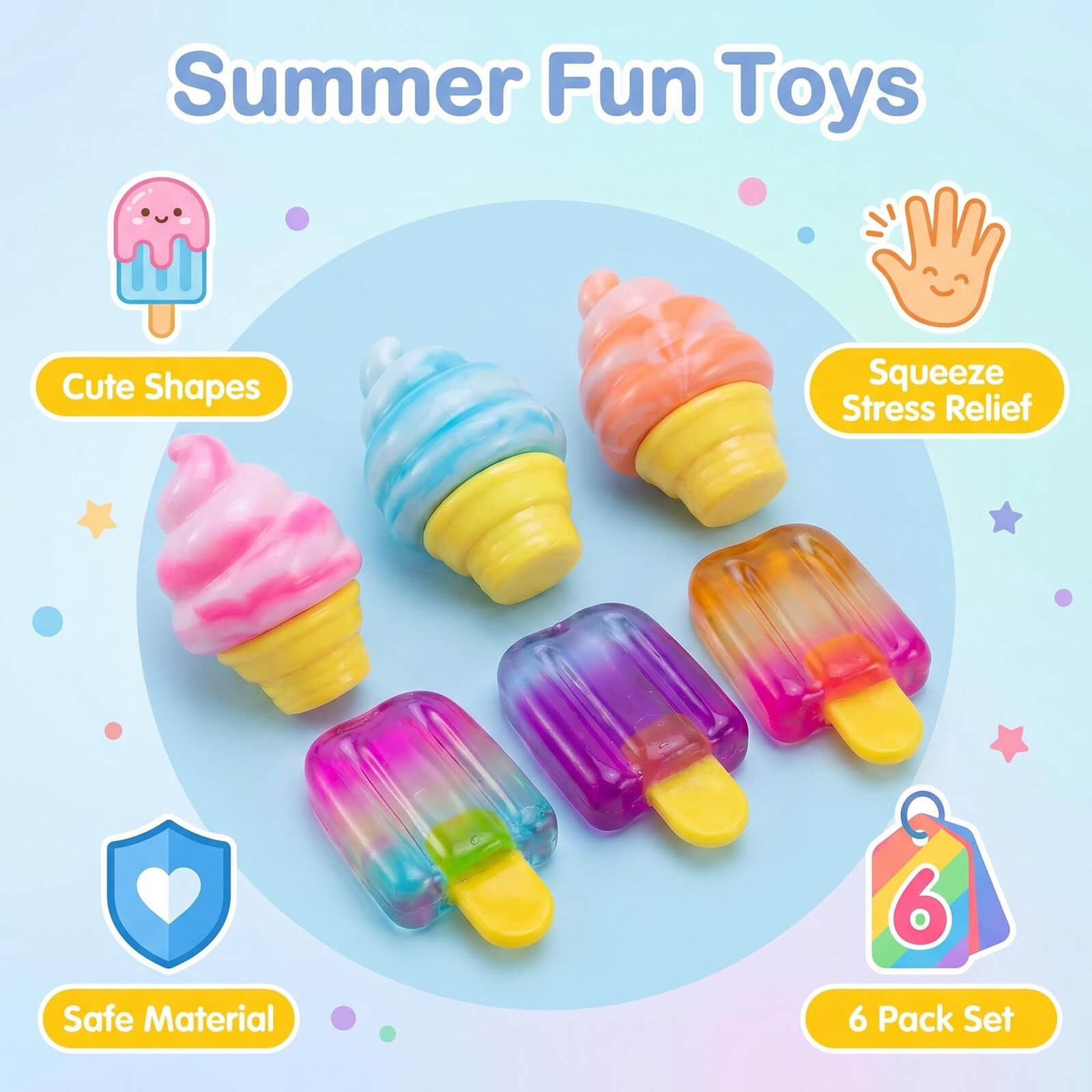 6pcs Squishy Sensory Ice Cream and Popsicle Toys Slow Rising Stress Relief Toys for Kids 3+ and Adult