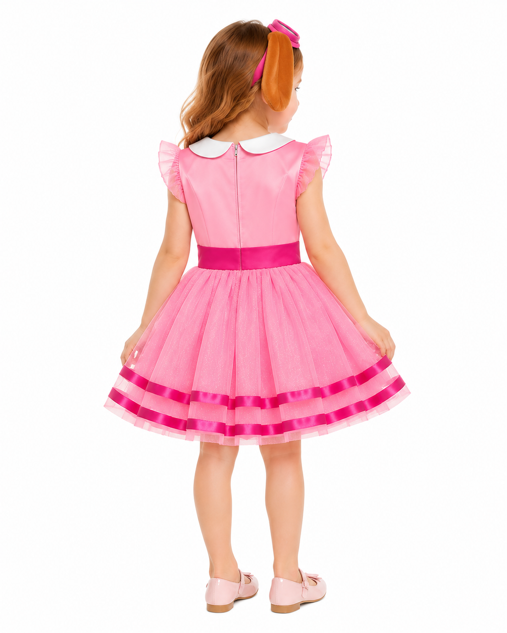 Girls Skye Costume Pink Aviator Puppy Tulle Dress with Goggles Headband for Cosplay Birthday Party
