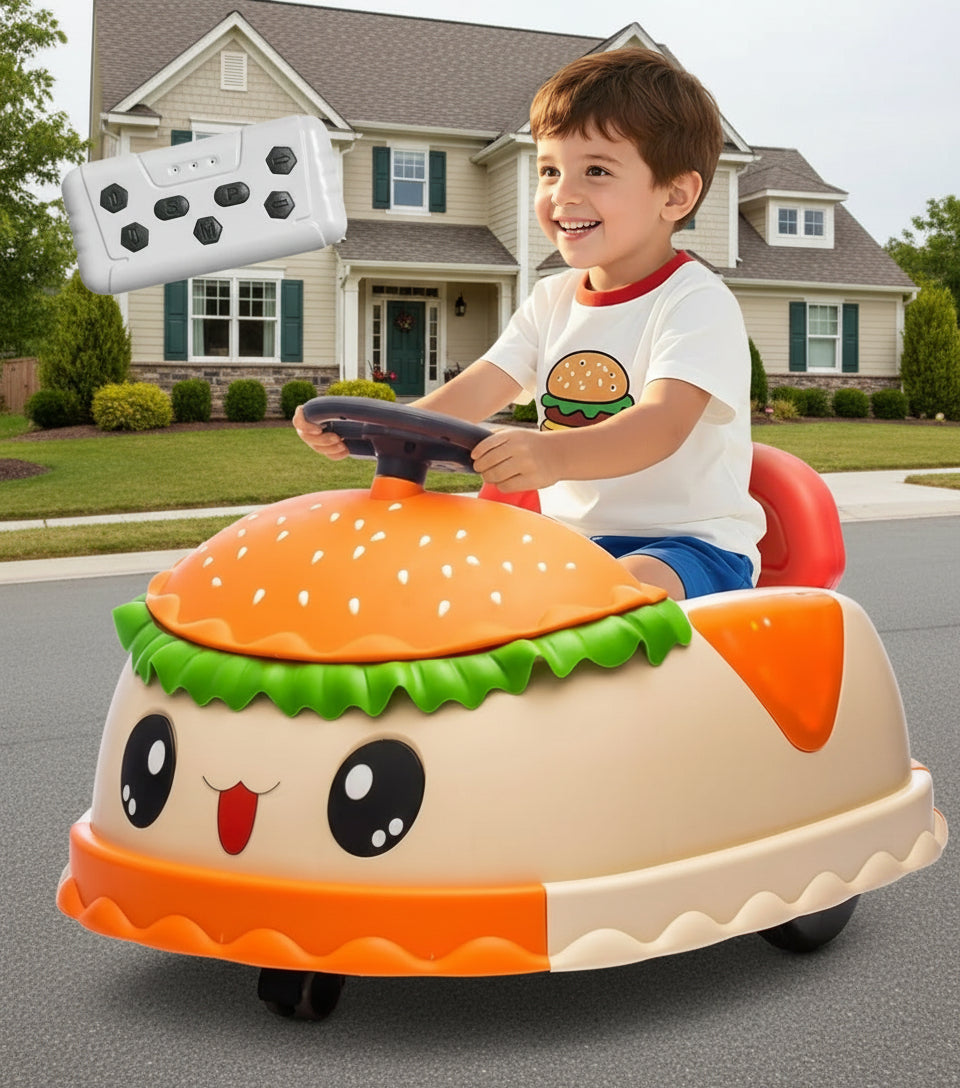 12V Electric Bumper Kids Ride On Car with Remote Cute Burger Design 360° Spin Toy