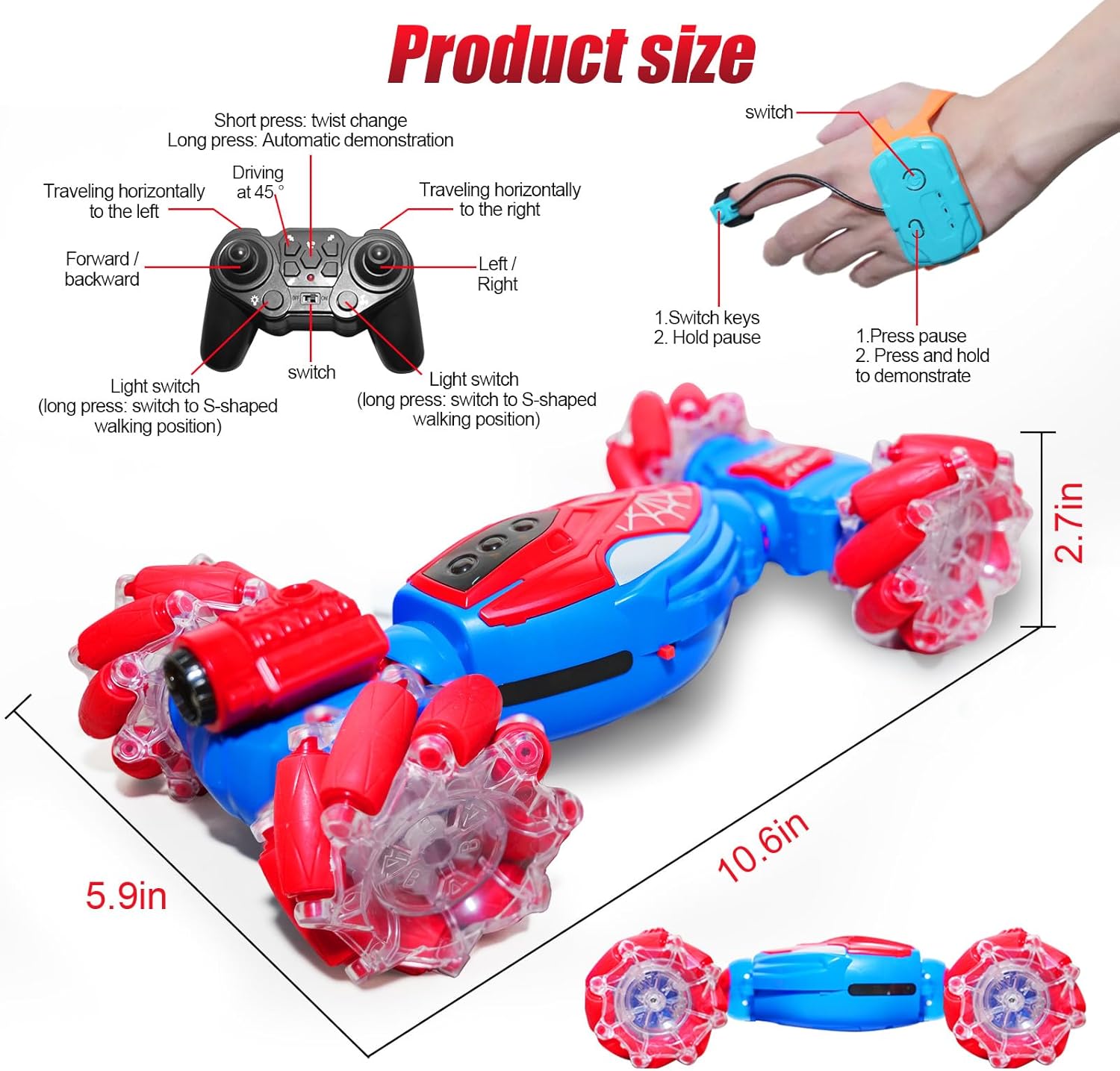 2.4G RC Stunt Car 360° Rotation 4WD Twist Spray Car Dual Control Climbing Car With Light