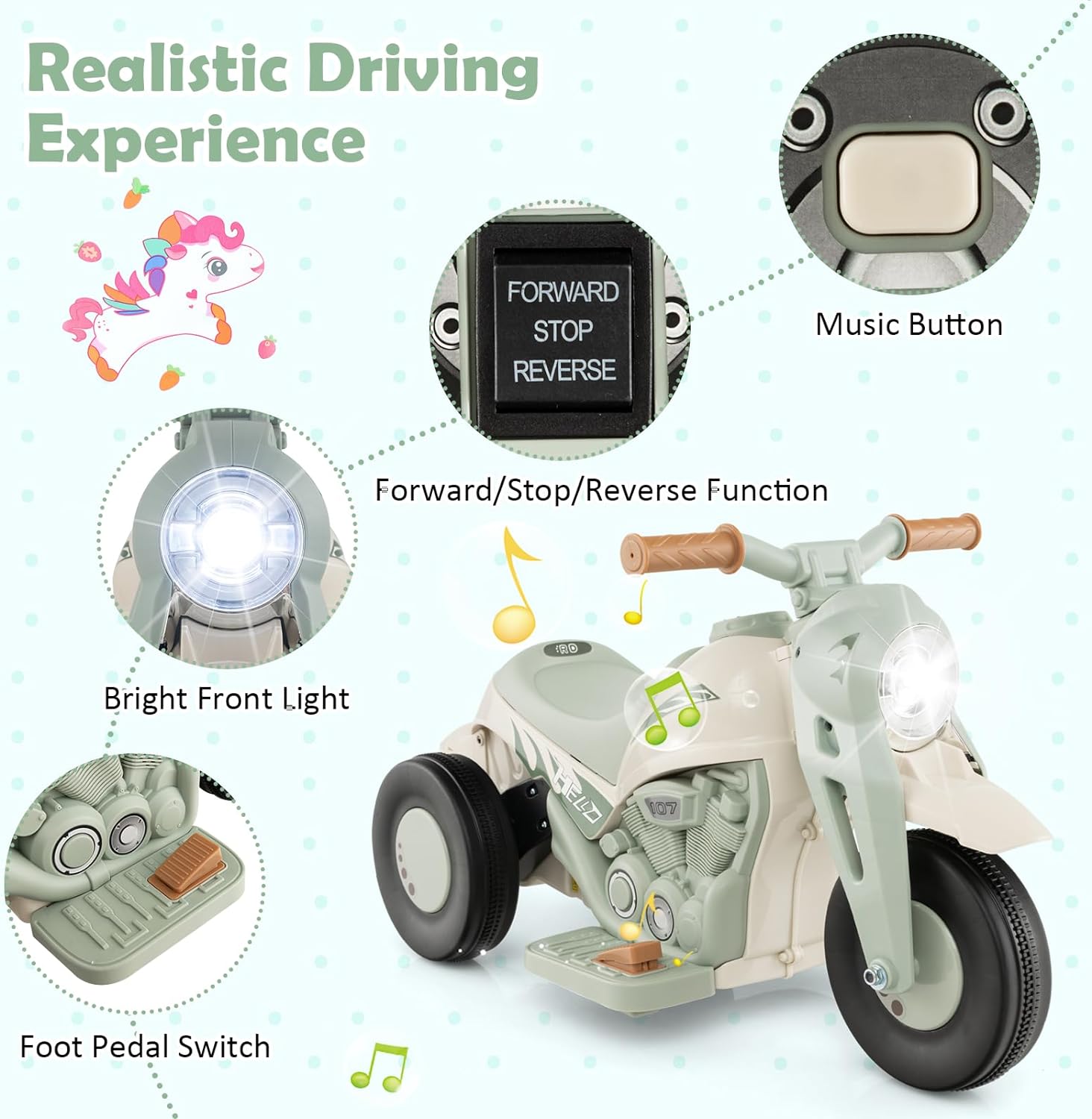 6V Kids Electric Motorcycle 3 Wheels Bubble Car Battery Power Ride On Car With Light Music