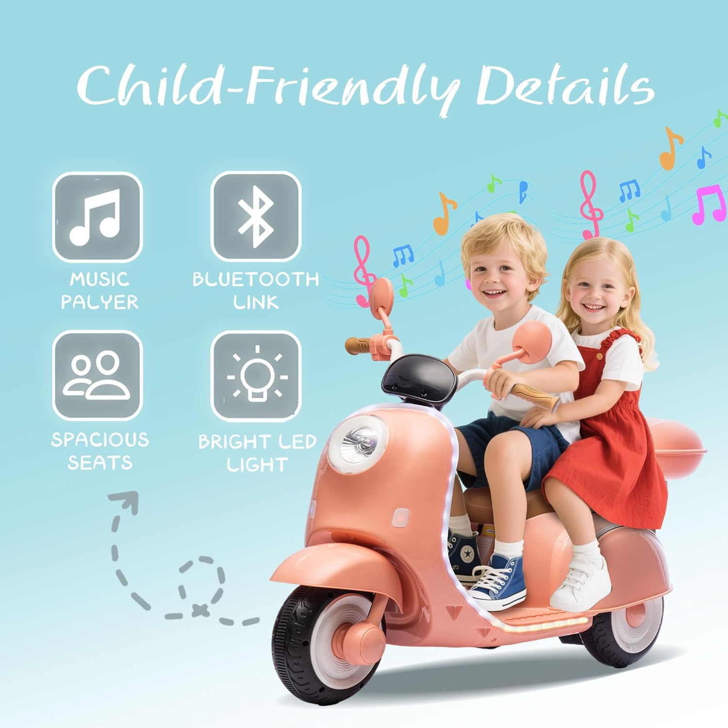 Kids Electric Motorcycle 12V Ride On Car with Storage Box Bluetooth Music 2 Seats Motorcycle