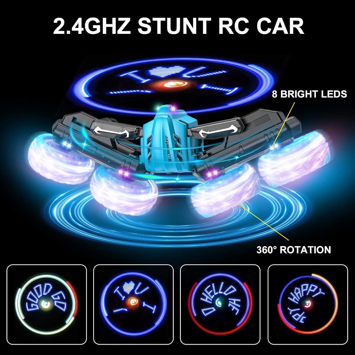 14KM/H RC Stunt Car 2.4G Double-sided Rolling 360° Rotation Car LED Light Letters Vehicle For Kids